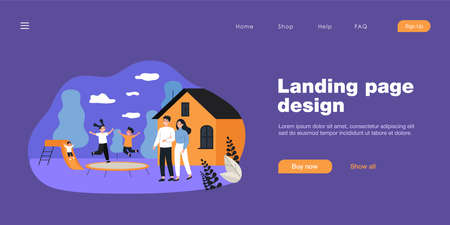Happy parents and children in backyard playground. Married couple looking at kids playing outside flat vector illustration. Family, childhood concept for banner, website design or landing web pageのイラスト素材