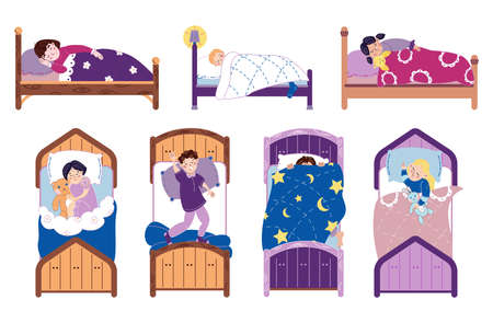 Rest of kids at night set. Vector illustrations of cute boys and girls sleeping in bed. Cartoon children lying on pillows under blankets in home bedroom isolated on white. Bedtime, childhood conceptのイラスト素材