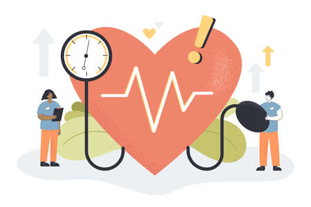 Control of tiny doctors high blood pressure on medical checkup. People with tonometer checking patients risk of hypertension flat vector illustration. Cardiology, cardiovascular disease conceptのイラスト素材