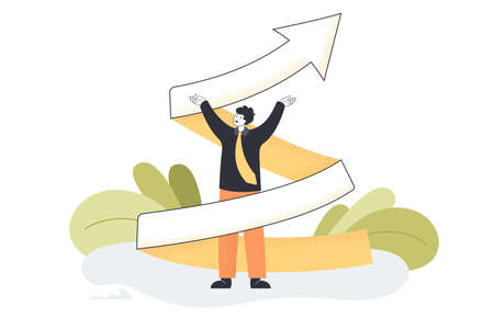 Career development, increase in skills of advanced businessman. Tiny man standing with twist arrow flat vector illustration. Process of personal evolution and growth, education, motivation conceptのイラスト素材
