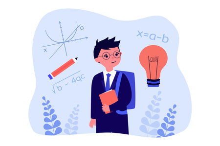 Funny intelligent schoolboy with glasses and math equations. Genius boy studying in school flat vector illustration. Mathematics, study, science concept for banner, website design or landing web pageのイラスト素材
