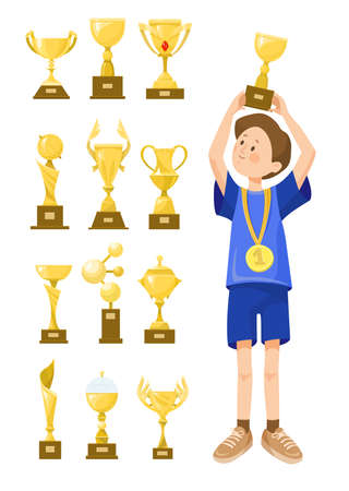 Winner cartoon character and gold cups vector illustrations set. Boy holding championship reward, golden trophies, prizes or awards isolated on white background. Competition, sports conceptのイラスト素材