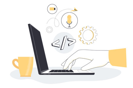 Human hand typing on computer with different symbols above located near cup of coffee. Side view of...