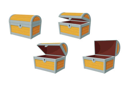 Animation set of chests for gold and treasure. Vector illustrations of open and closed empty wood box with metal frames. Cartoon ancient container for pirates isolated on white. Game UI, toy conceptのイラスト素材
