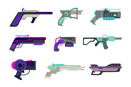 Different futuristic guns vector illustrations set. Toy pistols, blasters, laser rifles for children isolated on white background. Entertainment, space, weapons concept for game designのイラスト素材
