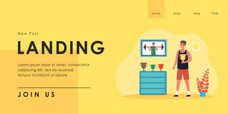 Young athlete holding golden cup and looking at trophies. Picture of boy lifting barbell on wall flat vector illustration. Achievement, sports concept for banner, website design or landing web pageのイラスト素材