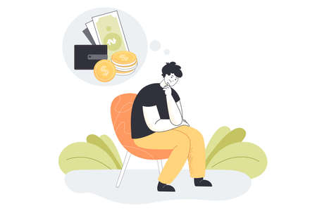 Sad man sitting on chair thinking over financial problems and debts. Unhappy male character in depression having money trouble flat vector illustration. Bankruptcy, loss, finance, crisis conceptのイラスト素材
