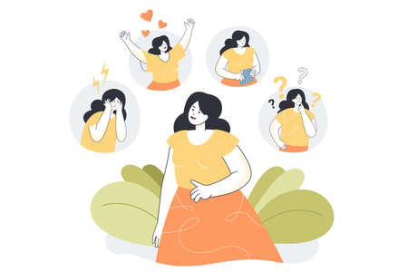 Woman expressing various feelings and emotions. Cartoon female character suffering from distracted behavior and mood changes flat vector illustration. Psychological or mental health conceptのイラスト素材