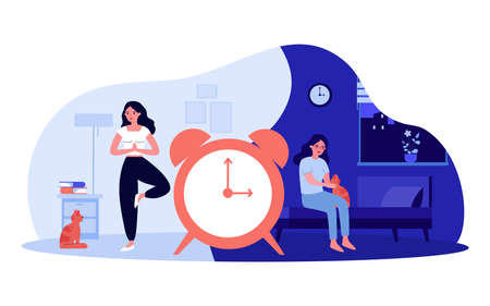 Internal biological clock, healthy lifestyle of woman. Routine of girl at night and daytime flat vector illustration. Circadian rhythms, timezone concept for banner, website design or landing web pageのイラスト素材