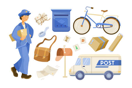 Postman character and delivery service set. Vector illustrations of mailman with bag delivering letters and boxes. Cartoon postal bicycle and car, mailbox isolated on white. Post office conceptのイラスト素材