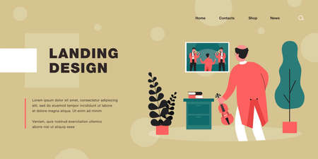 Old violinist watching musical performance on TV. Elder with violin, musicians playing instruments flat vector illustration. Music, nostalgia concept for banner, website design or landing web pageのイラスト素材