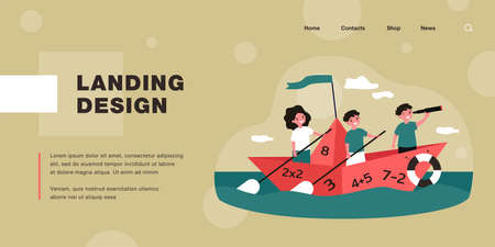 Cute kids sailing on boat with numbers. Math, study, sea flat vector illustration. Education and exploration concept for banner, website design or landing web pageのイラスト素材