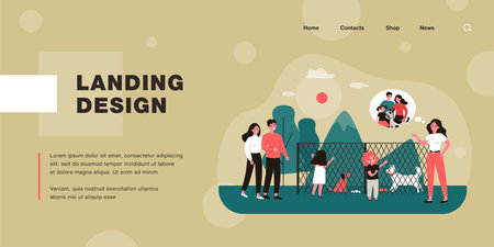 Happy family choosing dog in animal shelter. Fence, friend, mammal flat vector illustration. Pets...