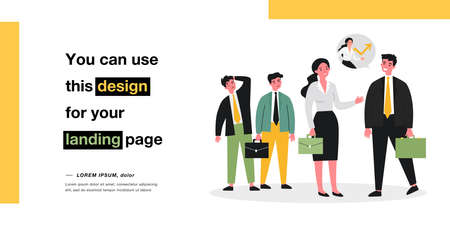Woman talking to her boss in front of her envious colleagues. Flat vector illustration. Businesswoman succeeding in business, leaving partners behind. Success, feminism, talent, career conceptのイラスト素材