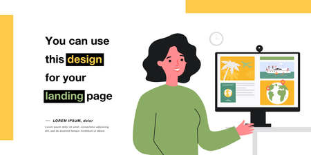 Travel agent talking about details of tourist trips. Flat vector illustration. Woman pointing to computer screen with images of flights, yacht, foreign passport. Service, vacation, resort conceptのイラスト素材