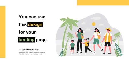 Parents and children walking in jungle flat vector illustration. Mothers and fathers with kids travelling through tropical forests with wild monkeys. Adventure, wildlife, family, nature conceptのイラスト素材