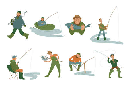 Cartoon fishers with fishing equipment vector illustrations set. Male character with rod on rubber boat, holding or waiting for fish on white background. Hobby, outdoor activity, fishery conceptのイラスト素材