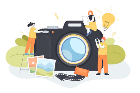 Huge camera and tiny people taking pictures. Photographer with camera, photos of landscapes flat vector illustration. Photography, occupation concept for banner, website design or landing web pageのイラスト素材
