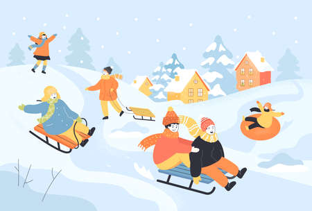 Happy cartoon kids sliding down hill on sleds. Snow falling, children having fun while sledding down slide flat vector illustration. Winter activities or holidays, childhood concept for bannerのイラスト素材