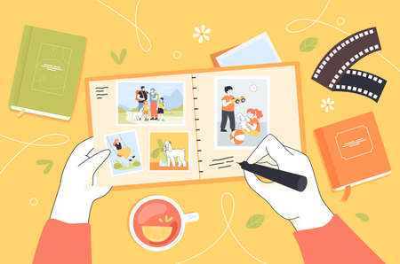 Top view of hands with retro photo album full of happy memories. Photographer putting photos in diary flat vector illustration. Lifestyle, family concept for banner, website design or landing web pageのイラスト素材