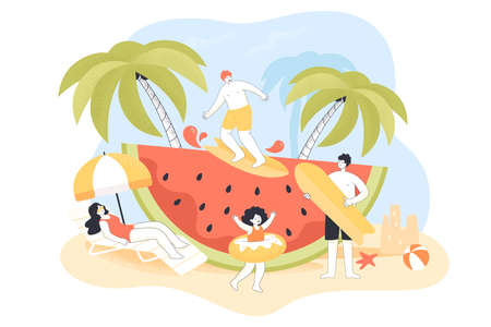 Tiny male cartoon character surfing huge watermelon. Family having fun on beach, woman sun bathing next to umbrella, pool party scene flat vector illustration. Summer activities, traveling conceptのイラスト素材