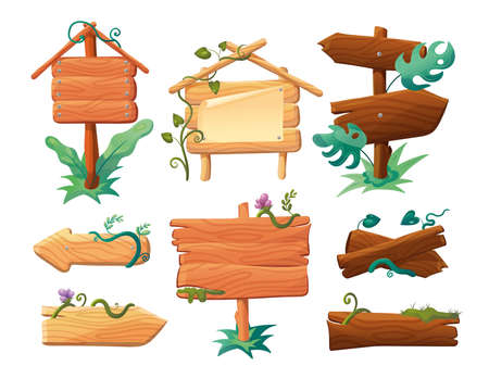 Wooden signs with flowers and lianas cartoon illustration set. Arrow and rectangle signboards or poles for information in forest or jungle with green leaves, tropical plants. Direction, nature conceptのイラスト素材