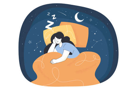 Lucid dreaming of sleeping woman at night. Astral travel of girl lying on pillow under blanket and experience of REM stage of sleep flat vector illustration. Wakefulness, dream control conceptのイラスト素材