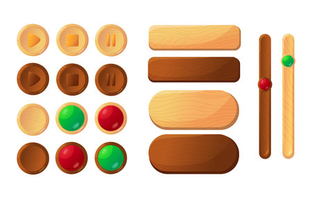 Wooden buttons for users game interface cartoon illustration set. Elements of different shapes, bars, panel settings for app design isolated on white background. GUI, UI design conceptのイラスト素材