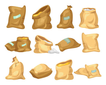 Burlap bags of cereal grains cartoon illustration set. Tied and untied sacks of flour, sugar, rice, wheat or rye with labels isolated on white background. Agriculture, organic food conceptのイラスト素材