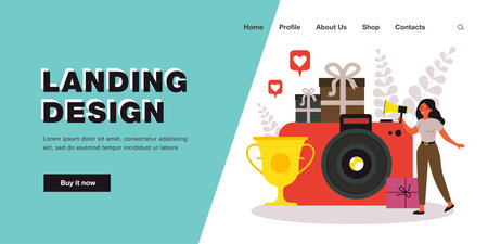 Woman announcing winner of photo contest into megaphone. Tiny girl standing near champion golden cup, camera of photographer. Best photography concept for banner, website design or landing web pageのイラスト素材