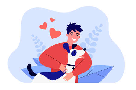 Cheerful owner embracing cute happy dog. Male cartoon character with domestic animal flat vector illustration. Pets, love, friendship, animal care concept for banner, website design or landing pageのイラスト素材