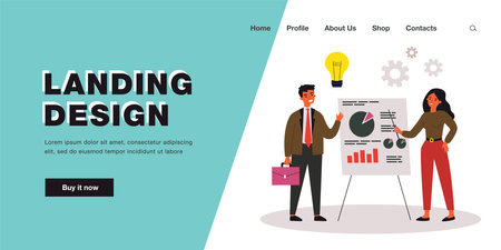 Businesswoman speaking, presenting graphs on board presentation. Group of business people training flat vector illustration. Education, lecture concept for banner, website design or landing web pageのイラスト素材