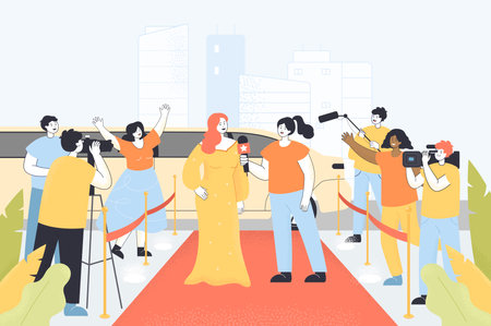 Female celebrity on red carpet for Oscars or fashion show. Cartoon paparazzi with cameras famous star flat vector illustration. Event, fame, success concept for banner, website design or landing pageのイラスト素材