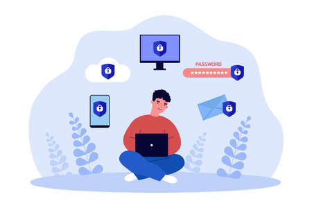 Man protecting private information. Person using lock of authorization on cloud storage, phone, computer flat vector illustration. Cyber security concept for banner, website design or landing web pageのイラスト素材
