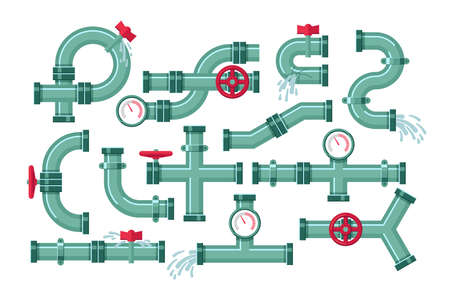 Broken metal pipes with leakage of water set. Vector illustrations of industrial pipelines with leaks. Cartoon tap, pressure meter, valve or tube leaking isolated on white. Plumbing problem conceptのイラスト素材