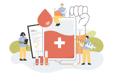 Tiny cartoon nurses with patient card and blood from donor. Blood transfusion for emergency, medical campaign or news flat vector illustration. Health, medicine concept for banner or landing web pageのイラスト素材