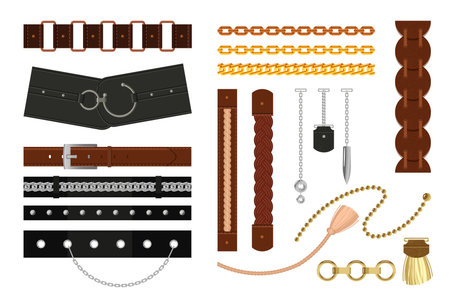 Belts with braiding, pendant and chain set. Vector illustrations of leather, gold and silver design elements. Cartoon belts with ring, buckle or fringe isolated on white. Jewelry, baroque conceptのイラスト素材