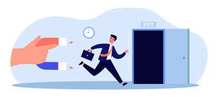 Businessman running away to exit business from collectors. Man afraid of magnet in giant hand flat vector illustration. Debt, tax, finance concept for banner, website design or landing web pageのイラスト素材