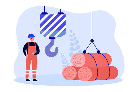Industrial worker moving heavy construction materials with crane. Man using factory equipment for loading flat vector illustration. Industry concept for banner, website design or landing web pageのイラスト素材