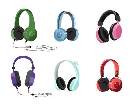 Different colorful headphones vector illustrations set. Collection of cartoon drawings of headsets or earphones for listening to music on white background. Music, technology, entertainment conceptのイラスト素材