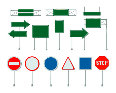 Blank road signs on metal poles vector illustrations set. Green billboards, street or highway signs, arrow boards isolated on white background. Traffic, direction or destination conceptのイラスト素材