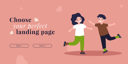 Little kids roller skating together. Girl and boy rollerblading with fun flat vector illustration. Best friend, friendship, outdoor sports concept for banner, website design or landing web pageのイラスト素材