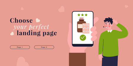 Sick man thinking about buying medicines online. Hand holding mobile phone with pharmacy app flat vector illustration. Order in drugstore, health concept for banner, website design or landing web pageのイラスト素材