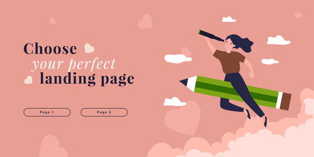 Professional artist generating trendy idea, flying on pencil. Creative woman looking through telescope flat vector illustration. Agency, creation concept for banner, website design or landing web pageのイラスト素材