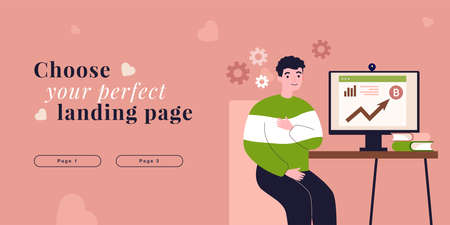 Happy investor looking at growing market graph of cryptocurrency. Man with report on computer screen flat vector illustration. Bitcoin growth concept for banner, website design or landing web pageのイラスト素材