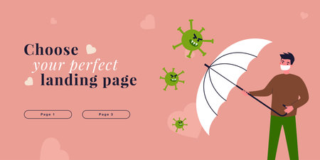 Man in medical mask protecting against virus with umbrella. Person putting health at risk flat vector illustration. Immune antiviral protection concept for banner, website design or landing web pageのイラスト素材