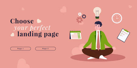 Meditation of multitasking businessman practicing yoga. Man sitting in lotus pose flat vector illustration. Business management, concentration concept for banner, website design or landing web pageのイラスト素材