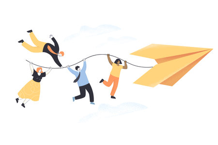 Tiny people holding thread from paper origami plane. Business people or colleagues moving toward...