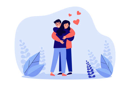 Happy hugs of couple of lovers. Woman and man embracing with smiles on romantic date flat vector illustration. Valentines day, love, romance concept for banner, website design or landing web pageのイラスト素材