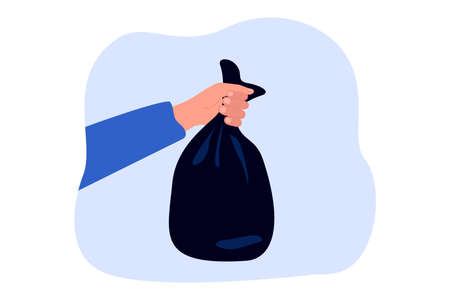 Hand holding black crumpled plastic bag with trash. Person throwing package with used rubbish and kitchen waste to dustbin flat vector illustration. Housework, ecology, pollution conceptのイラスト素材